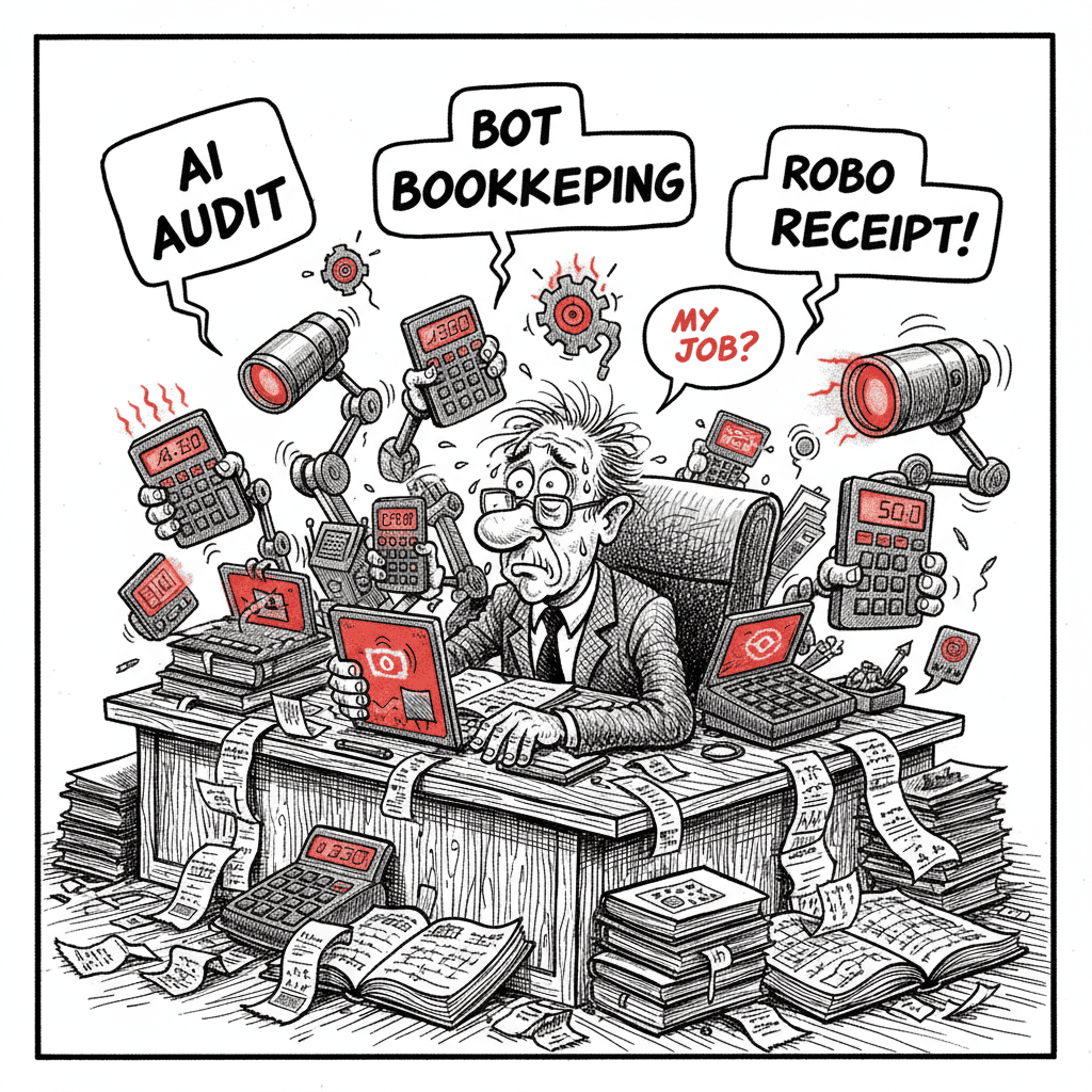 Editorial caricature of bookkeeper surrounded by AI accounting tools