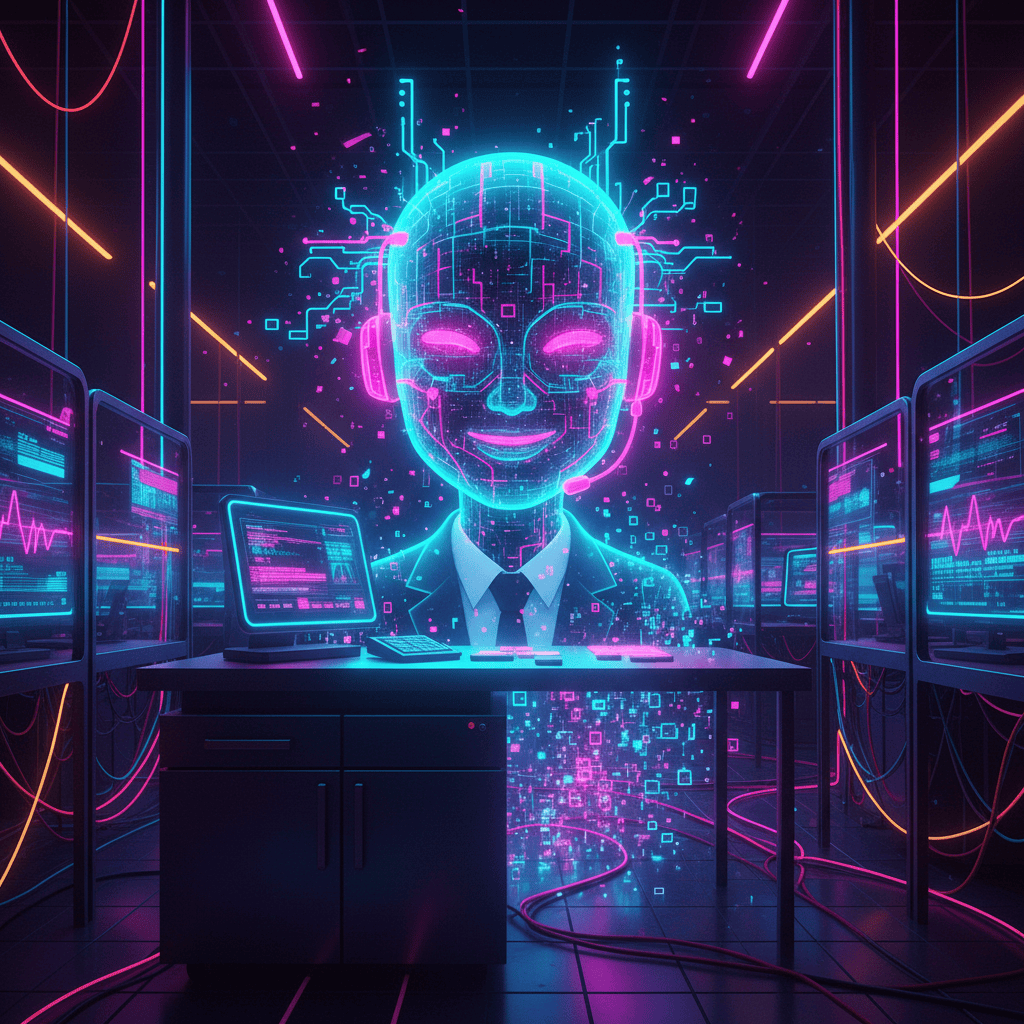 Synthwave illustration of AI chatbot replacing customer service worker