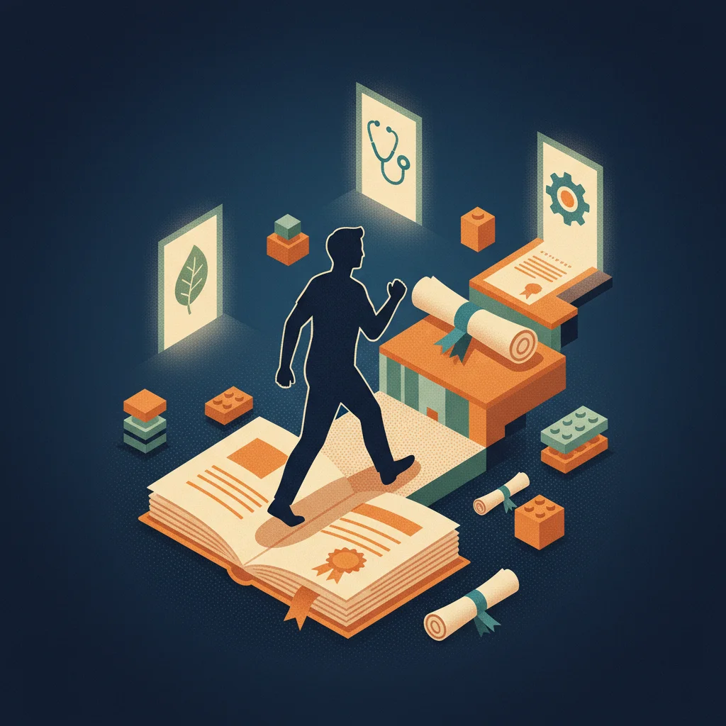 Isometric illustration of a person over 50 walking up a path made of books and modular blocks toward new career doorways