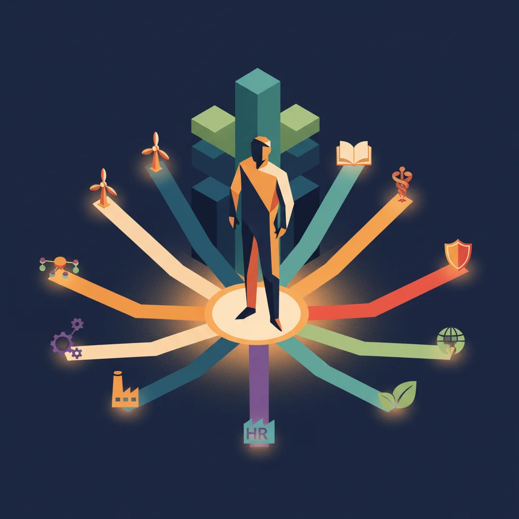 Isometric illustration of an experienced professional on an ascending career path with glowing new opportunities