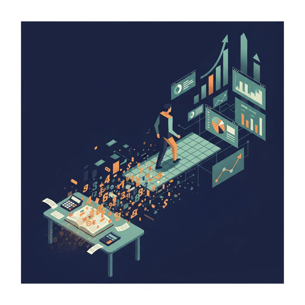 Illustration of a career transition from bookkeeper to data analyst with an ascending path