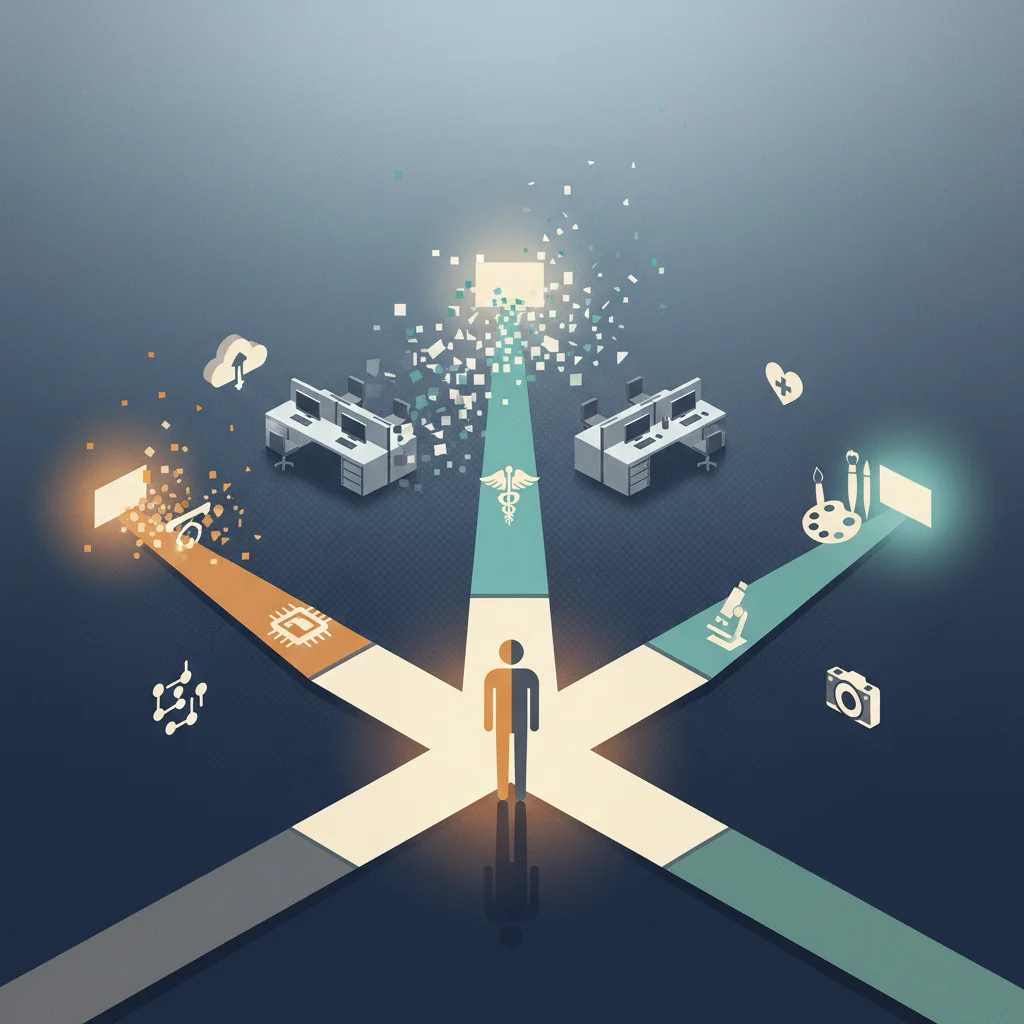 Isometric illustration of career crossroads with illuminated paths to different futures