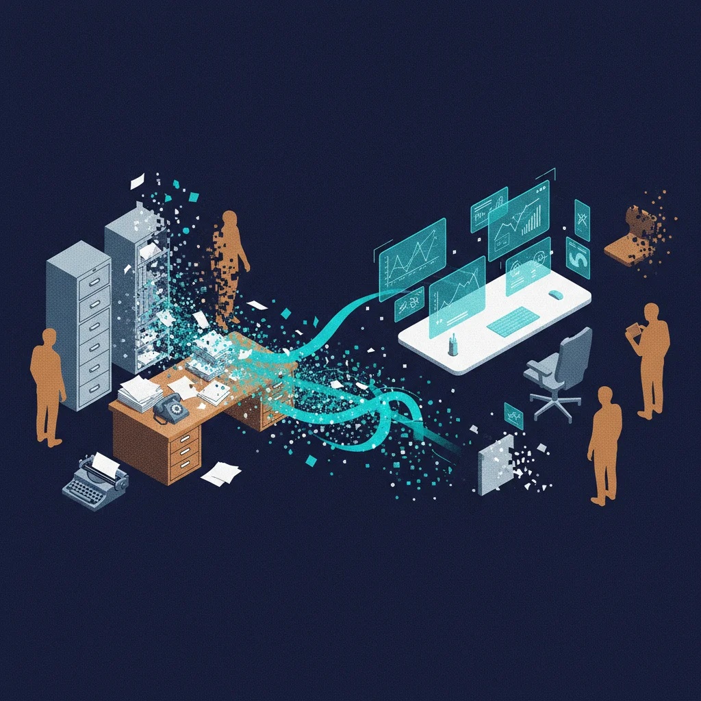 Isometric illustration of an office where traditional workstations are partially dissolving into digital particles