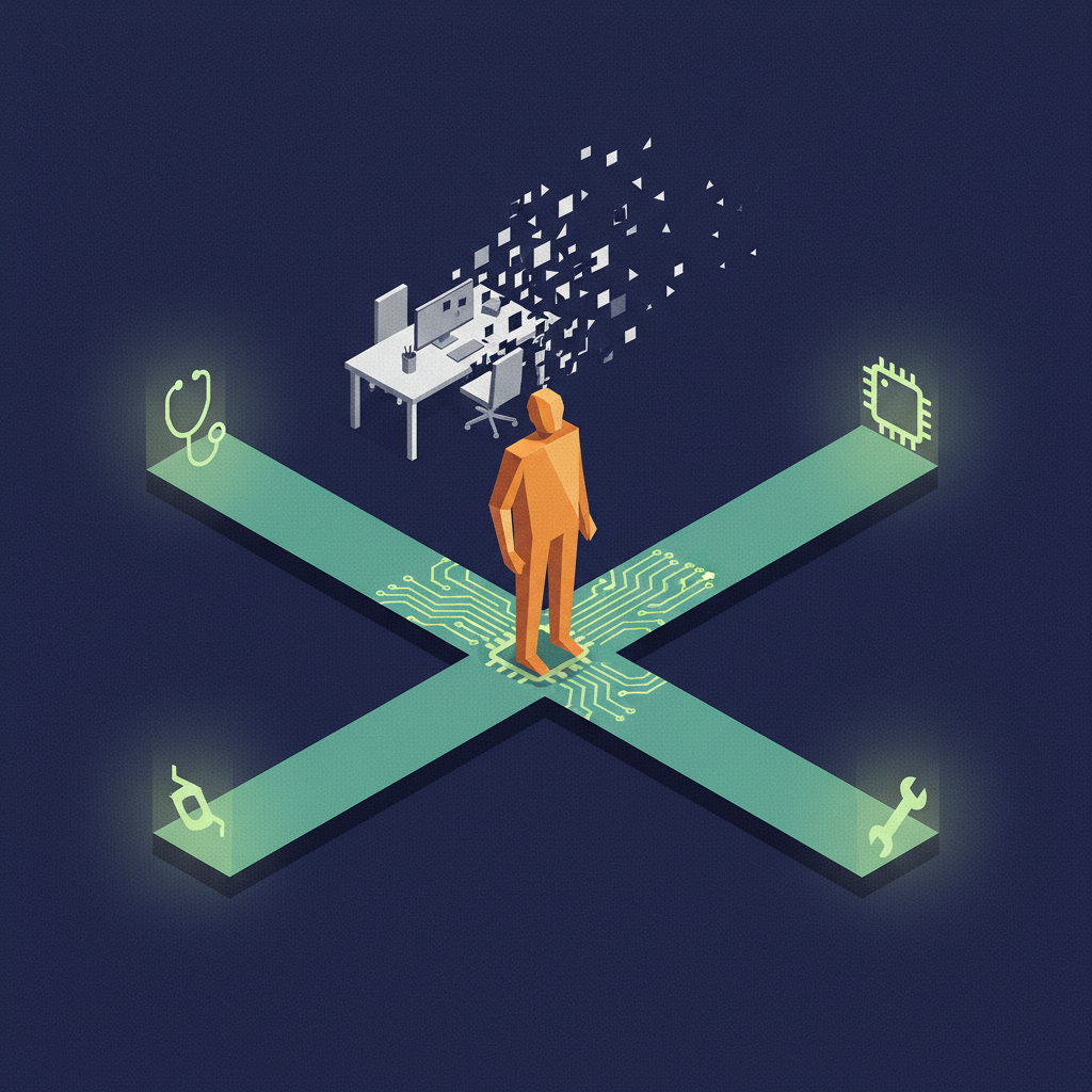 Illustration of a worker at a crossroads between AI automation and career reinvention