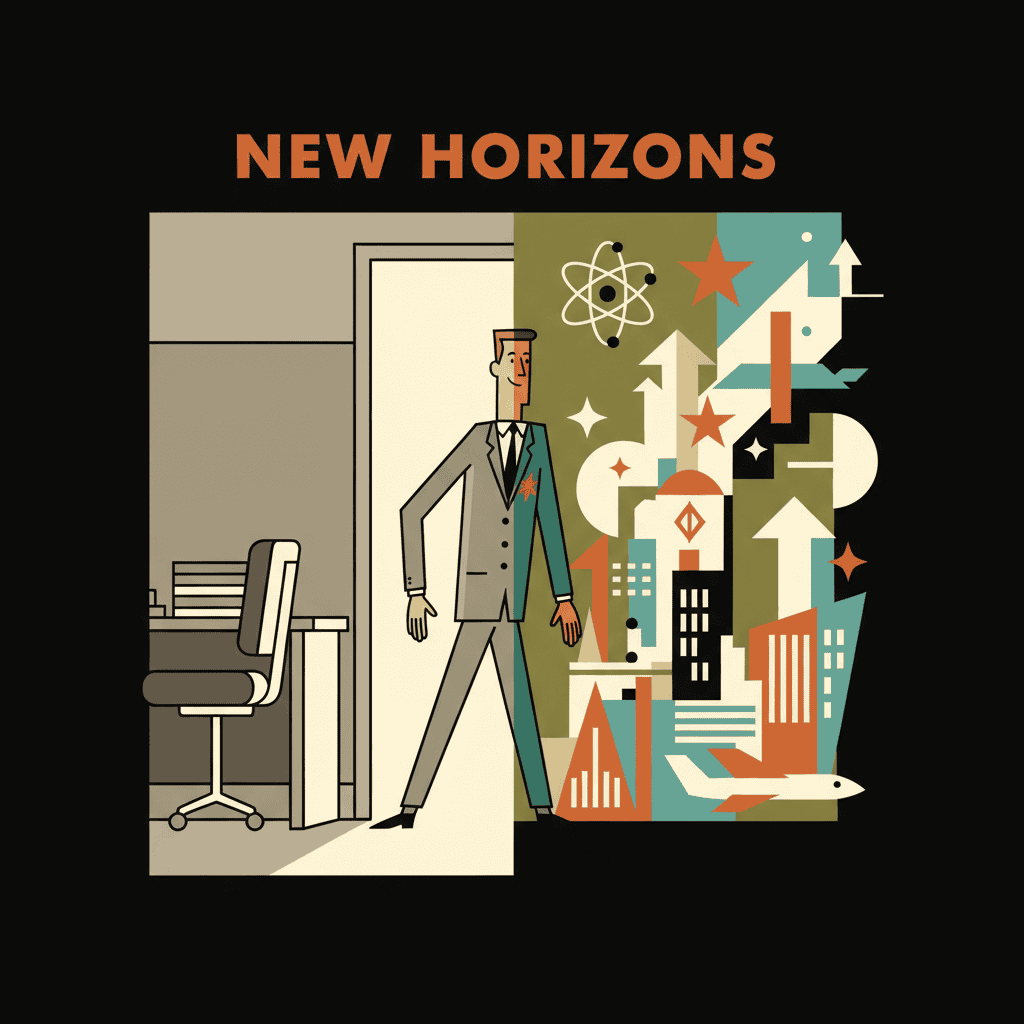 Mid-century modern illustration of office worker transitioning to new career