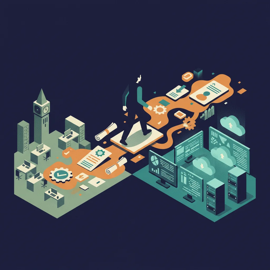 Isometric illustration of a person crossing a bridge made of certifications into the tech world