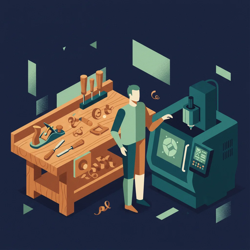Isometric illustration of a carpentry workshop with traditional woodworking tools and modern CNC elements