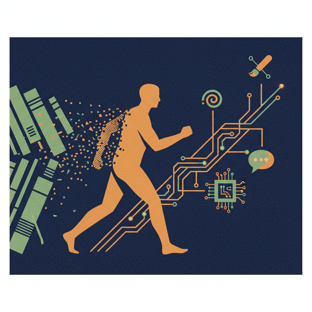 Abstract illustration of a translator navigating between two worlds of language, traditional books and digital AI elements